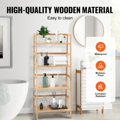 VEVOR 4-Tier Bamboo Ladder Shelf, Trapezoid Open Bookcase, Display Storage Rack Organizer, Freestanding Flower Plant Stand, Ladder Bookshelf Ideal for Bathroom, Bedroom, Office, Study, Natural