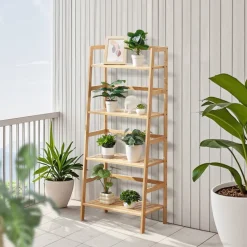 VEVOR 4-Tier Bamboo Ladder Shelf, Trapezoid Open Bookcase, Display Storage Rack Organizer, Freestanding Flower Plant Stand, Ladder Bookshelf Ideal for Bathroom, Bedroom, Office, Study, Natural
