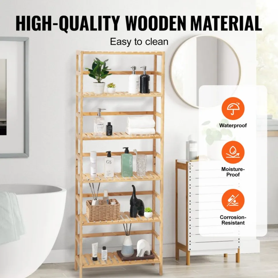 VEVOR 6-Tier Bamboo Shelf, Open Wood Bookshelf, Display Storage Rack Organizer, Freestanding Flower Plant Stand, Multifunctional Bamboo Bookshelf Ideal for Bathroom, Bedroom, Office, Study, Natural