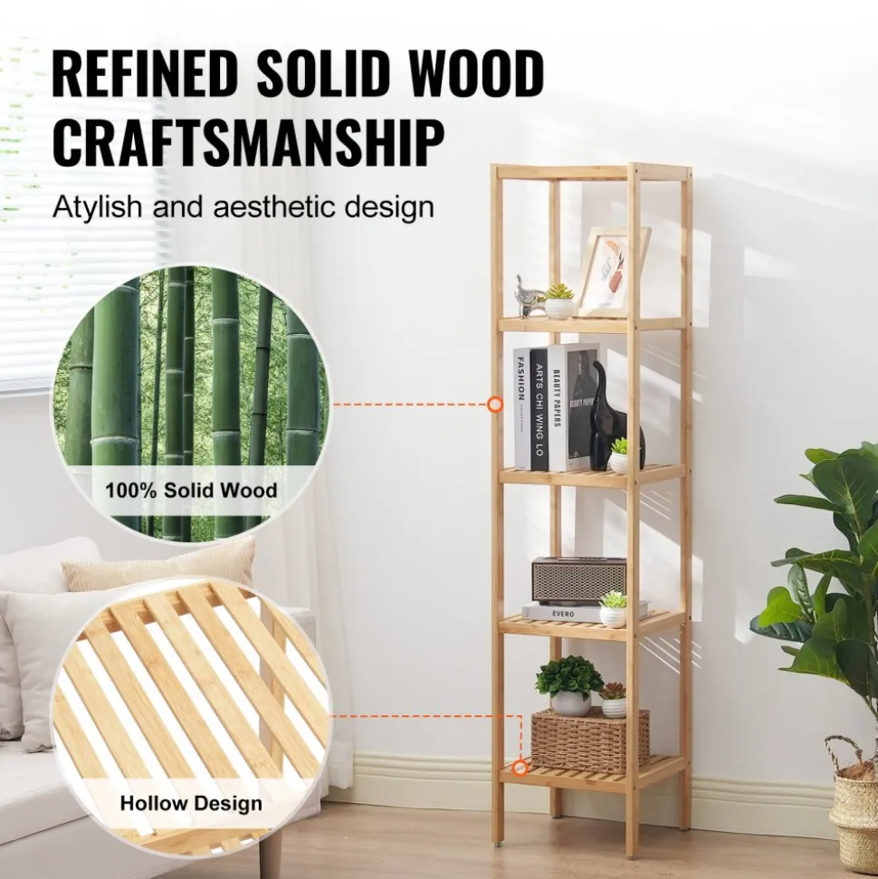 VEVOR 5-Tier Bathroom Standing Shelf, Narrow Shelving Unit, Display Storage Rack Organizer, Freestanding Flower Plant Stand, Multifunctional Bamboo Shelf Ideal for BathRoom, Kitchen, Home, Natural