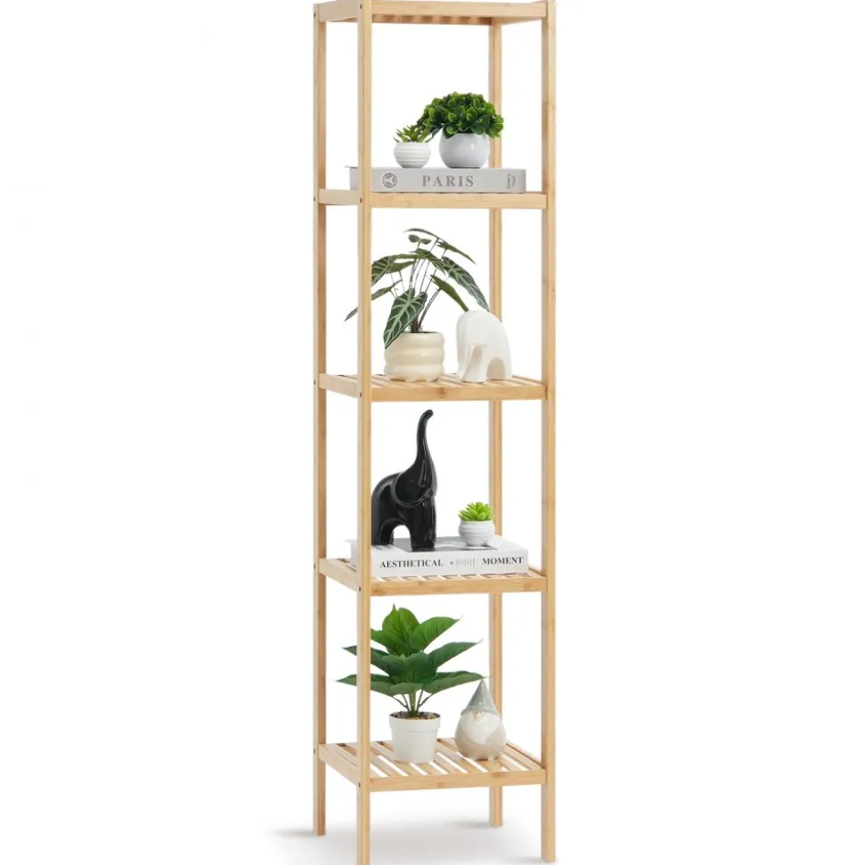VEVOR 5-Tier Bathroom Standing Shelf, Narrow Shelving Unit, Display Storage Rack Organizer, Freestanding Flower Plant Stand, Multifunctional Bamboo Shelf Ideal for BathRoom, Kitchen, Home, Natural
