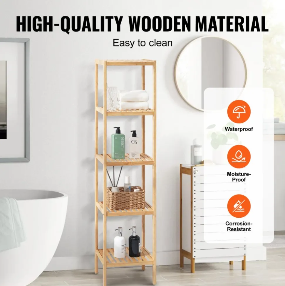 VEVOR 5-Tier Bathroom Standing Shelf, Narrow Shelving Unit, Display Storage Rack Organizer, Freestanding Flower Plant Stand, Multifunctional Bamboo Shelf Ideal for BathRoom, Kitchen, Home, Natural