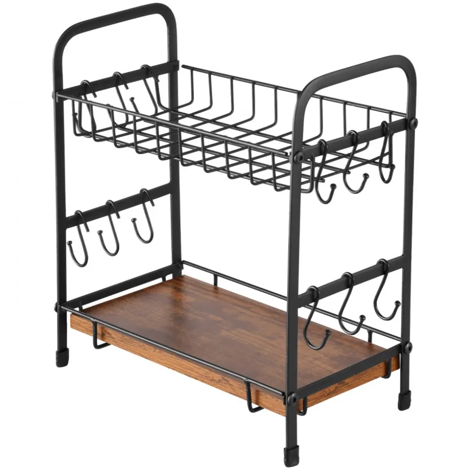 VEVOR 2 Tier Coffee Bar Organizer for Countertop, Multifunctional Mug Holder and Coffee Station, 12 Movable Hooks and 2 Shelves for Coffee Accessories Storage and Display, Home Office (Matte Black)