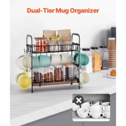 VEVOR 2 Tier Coffee Bar Organizer for Countertop, Multifunctional Mug Holder and Coffee Station, 12 Movable Hooks and 2 Shelves for Coffee Accessories Storage and Display, Home Office (Matte Black)