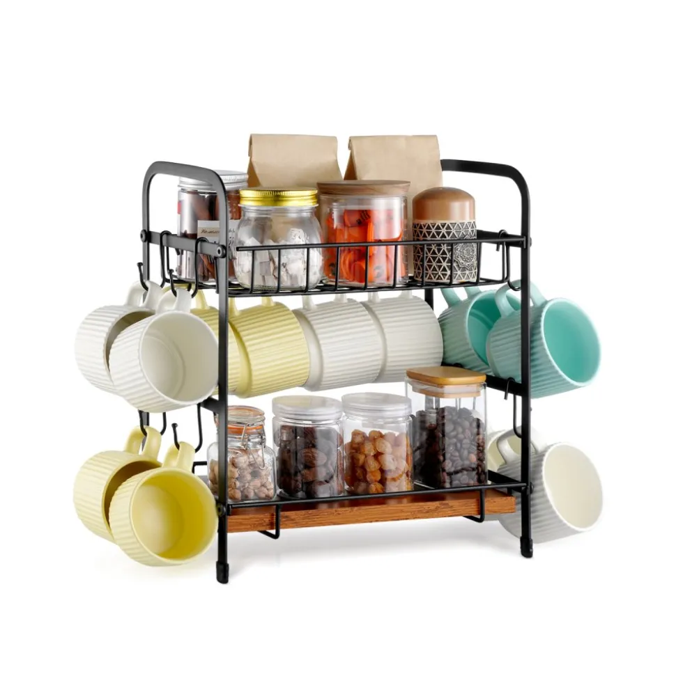 VEVOR 2 Tier Coffee Bar Organizer for Countertop, Multifunctional Mug Holder and Coffee Station, 12 Movable Hooks and 2 Shelves for Coffee Accessories Storage and Display, Home Office (Matte Black)