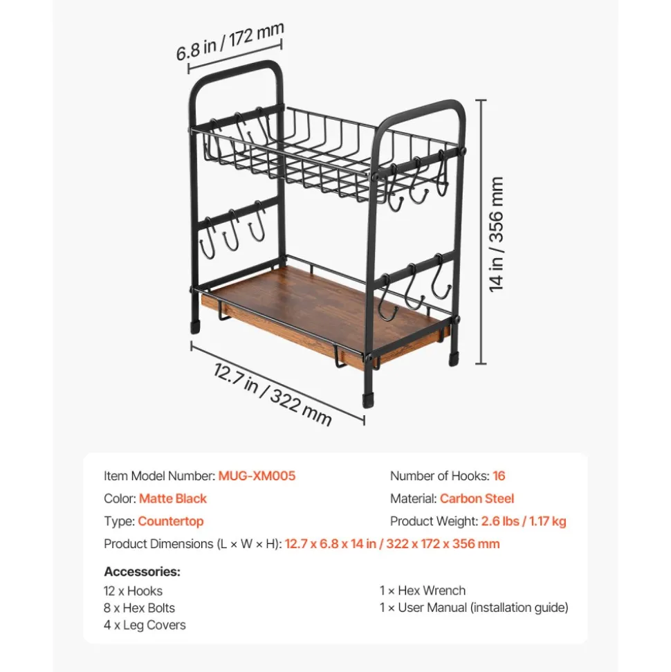 VEVOR 2 Tier Coffee Bar Organizer for Countertop, Multifunctional Mug Holder and Coffee Station, 12 Movable Hooks and 2 Shelves for Coffee Accessories Storage and Display, Home Office (Matte Black)