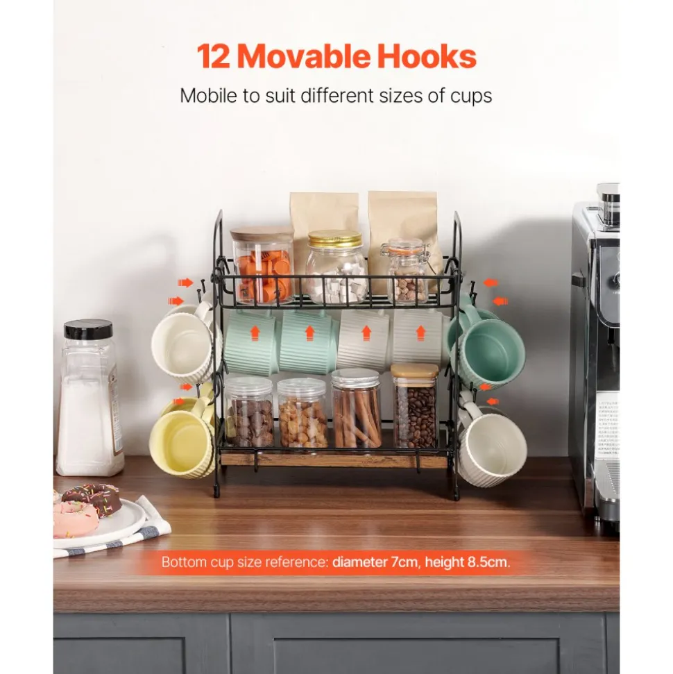 VEVOR 2 Tier Coffee Bar Organizer for Countertop, Multifunctional Mug Holder and Coffee Station, 12 Movable Hooks and 2 Shelves for Coffee Accessories Storage and Display, Home Office (Matte Black)
