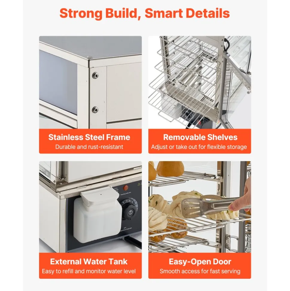 VEVOR 5-Tier Commercial Food Warmer Display, 1200W Food Display Warmer with LED Light, Adjustable Shelf & Stainless Steel Frame, 86℉~230℉ Steam Heating, 120L for Hamburger, Pizza, Bread, Fried Chicken