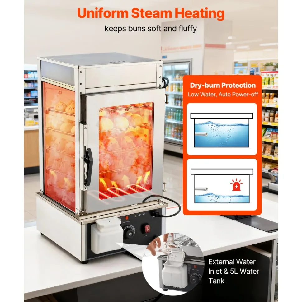 VEVOR 5-Tier Commercial Food Warmer Display, 1200W Food Display Warmer with LED Light, Adjustable Shelf & Stainless Steel Frame, 86℉~230℉ Steam Heating, 120L for Hamburger, Pizza, Bread, Fried Chicken