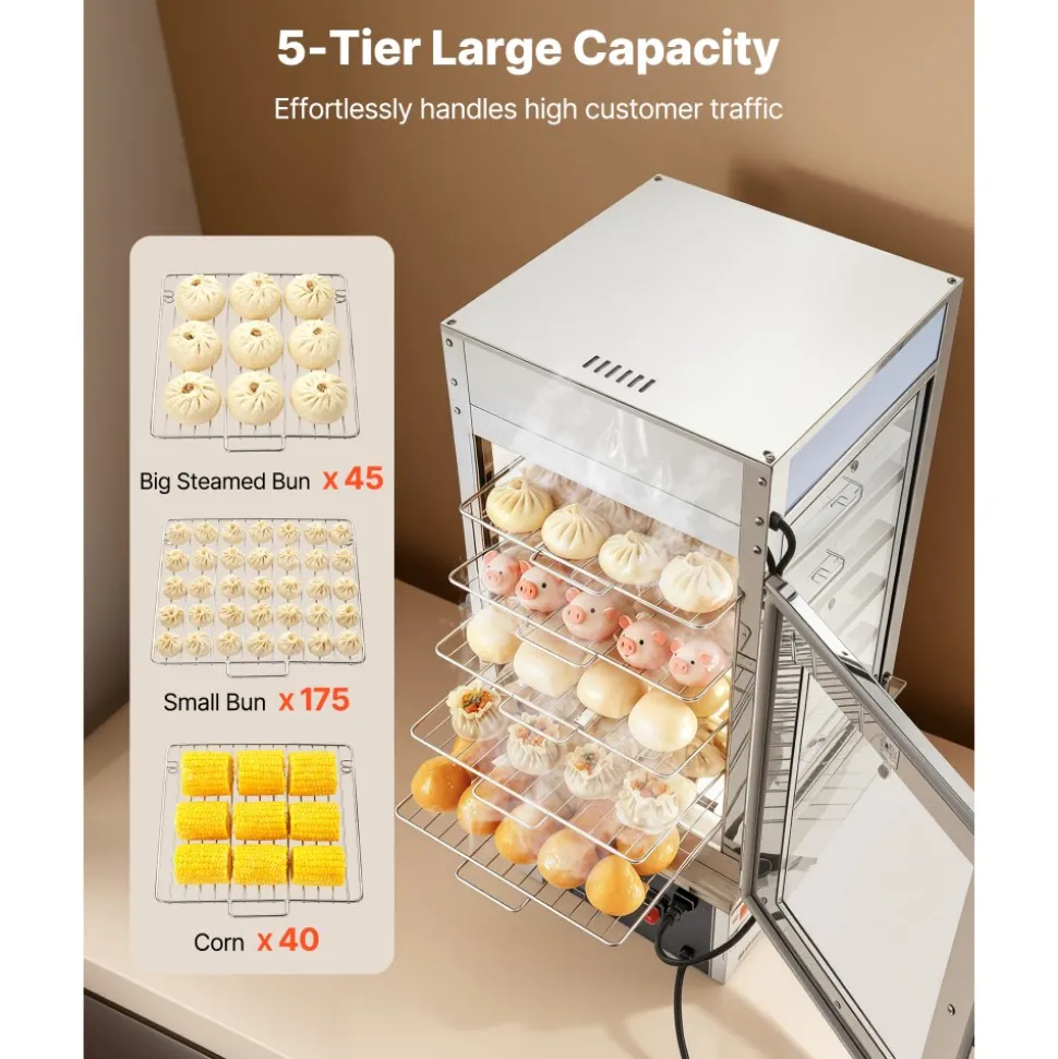 VEVOR 5-Tier Commercial Food Warmer Display, 1200W Food Display Warmer with LED Light, Adjustable Shelf & Stainless Steel Frame, 86℉~230℉ Steam Heating, 120L for Hamburger, Pizza, Bread, Fried Chicken