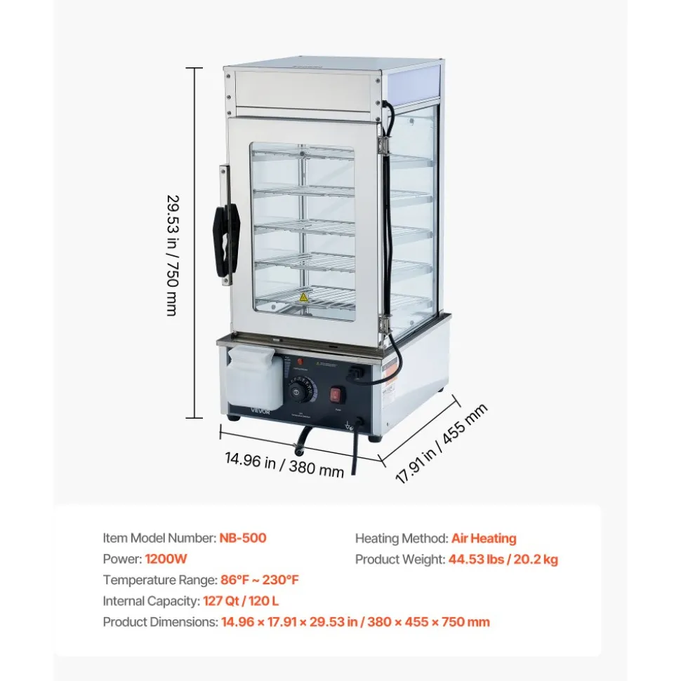 VEVOR 5-Tier Commercial Food Warmer Display, 1200W Food Display Warmer with LED Light, Adjustable Shelf & Stainless Steel Frame, 86℉~230℉ Steam Heating, 120L for Hamburger, Pizza, Bread, Fried Chicken