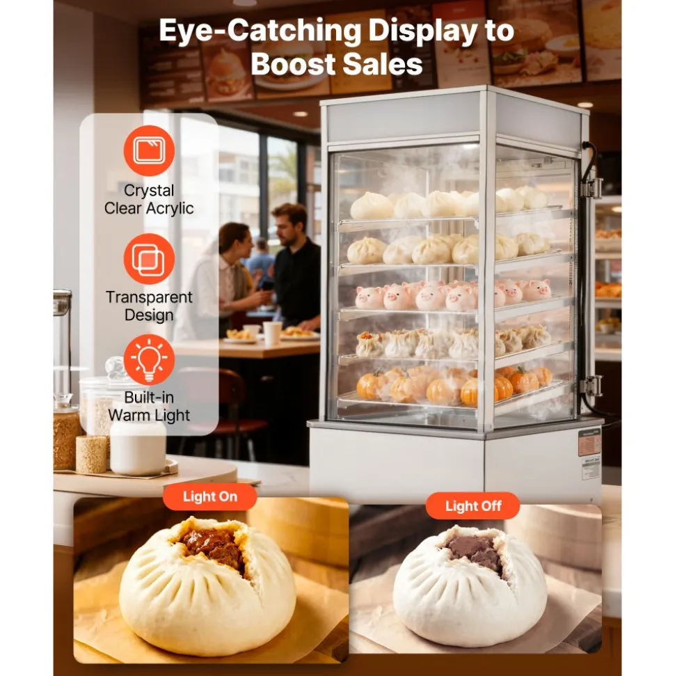 VEVOR 5-Tier Commercial Food Warmer Display, 1200W Food Display Warmer with LED Light, Adjustable Shelf & Stainless Steel Frame, 86℉~230℉ Steam Heating, 120L for Hamburger, Pizza, Bread, Fried Chicken
