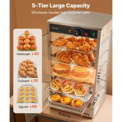 VEVOR 5-Tier Commercial Food Warmer Display, 800W Food Display Warmer with LED Light, Adjustable Shelf and Stainless Steel Frame, 86℉~185℉ Air Heating, 60L for Hamburger, Pizza, Bread, Fried Chicken