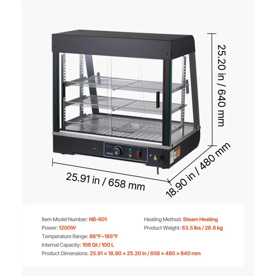 VEVOR 3-Tier Commercial Food Warmer Display, 1200W Food Display Warmer with LED Light, Top Storage and Adjustable Shelves, 86℉~185℉ Steam Heating, 106Qt/100L for Hamburger, Pizza, Bread, Fried Chicken