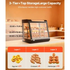 VEVOR 3-Tier Commercial Food Warmer Display, 1200W Food Display Warmer with LED Light, Top Storage and Adjustable Shelves, 86℉~185℉ Steam Heating, 106Qt/100L for Hamburger, Pizza, Bread, Fried Chicken