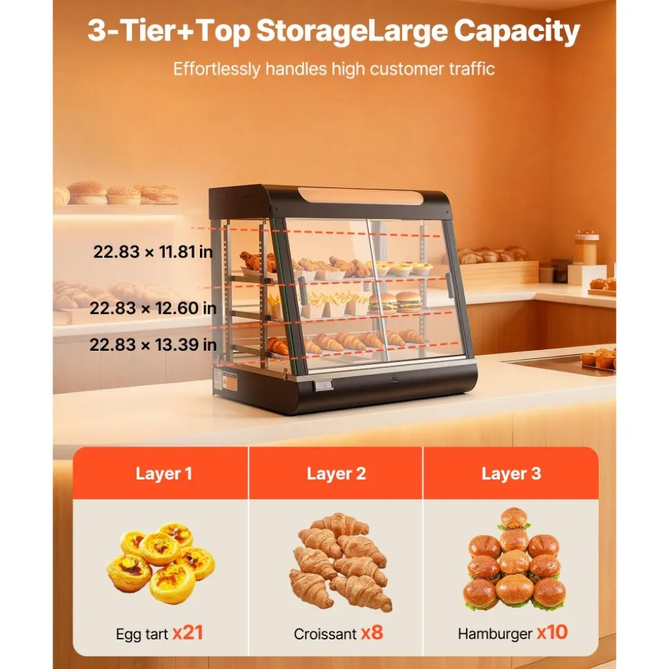 VEVOR 3-Tier Commercial Food Warmer Display, 1200W Food Display Warmer with LED Light, Top Storage and Adjustable Shelves, 86℉~185℉ Steam Heating, 106Qt/100L for Hamburger, Pizza, Bread, Fried Chicken