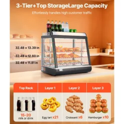 VEVOR 3-Tier Commercial Food Warmer Display, 1200W Food Display Warmer with LED Light, Top Storage and Adjustable Shelves, 86℉~185℉ Steam Heating, 75L for Hamburger, Pizza, Bread, Fried Chicken