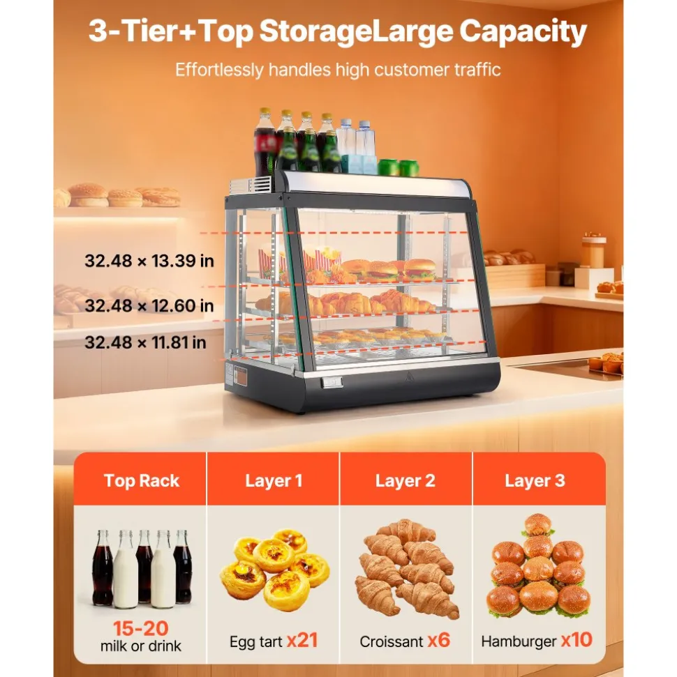 VEVOR 3-Tier Commercial Food Warmer Display, 1200W Food Display Warmer with LED Light, Top Storage and Adjustable Shelves, 86℉~185℉ Steam Heating, 75L for Hamburger, Pizza, Bread, Fried Chicken
