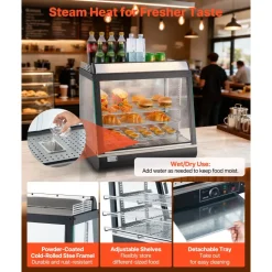 VEVOR 3-Tier Commercial Food Warmer Display, 1200W Food Display Warmer with LED Light, Top Storage and Adjustable Shelves, 86℉~185℉ Steam Heating, 75L for Hamburger, Pizza, Bread, Fried Chicken