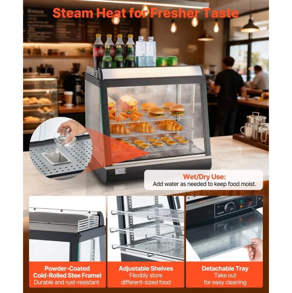 VEVOR 3-Tier Commercial Food Warmer Display, 1200W Food Display Warmer with LED Light, Top Storage and Adjustable Shelves, 86℉~185℉ Steam Heating, 75L for Hamburger, Pizza, Bread, Fried Chicken