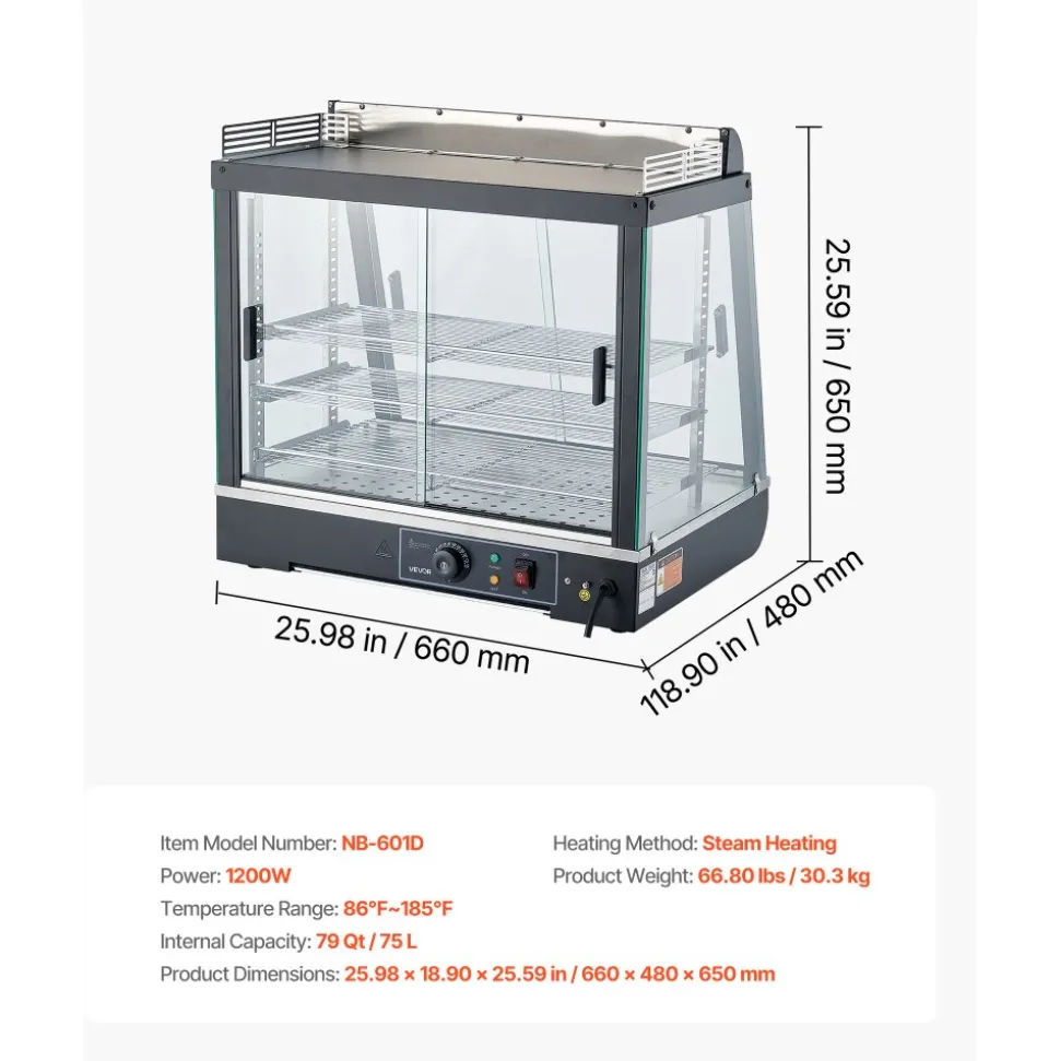 VEVOR 3-Tier Commercial Food Warmer Display, 1200W Food Display Warmer with LED Light, Top Storage and Adjustable Shelves, 86℉~185℉ Steam Heating, 75L for Hamburger, Pizza, Bread, Fried Chicken