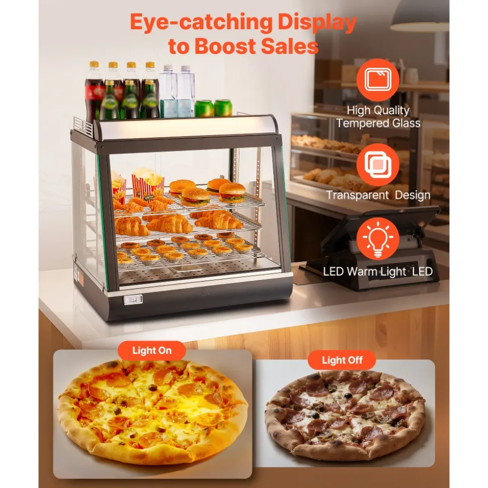 VEVOR 3-Tier Commercial Food Warmer Display, 1200W Food Display Warmer with LED Light, Top Storage and Adjustable Shelves, 86℉~185℉ Steam Heating, 75L for Hamburger, Pizza, Bread, Fried Chicken