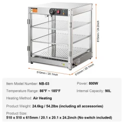 VEVOR 3-Tier Commercial Food Warmer Display, 800W Food Display Warmer with Light to Enhance Food Display, 86℉~185℉ Temperature Control, 90L Large Capacity for Hamburger, Pizza, Bread, Fried Chicken