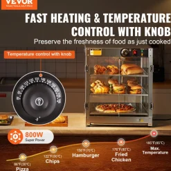 VEVOR 3-Tier Commercial Food Warmer Display, 800W Food Display Warmer with Light to Enhance Food Display, 86℉~185℉ Temperature Control, 90L Large Capacity for Hamburger, Pizza, Bread, Fried Chicken