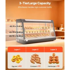 VEVOR 3-Tier Commercial Food Warmer Display, 1600W Food Display Warmer with LED Light, Top Storage and Adjustable Shelves, 86℉~185℉ Steam Heating, 190Qt/180L for Hamburger, Pizza, Bread, Fried Chicken