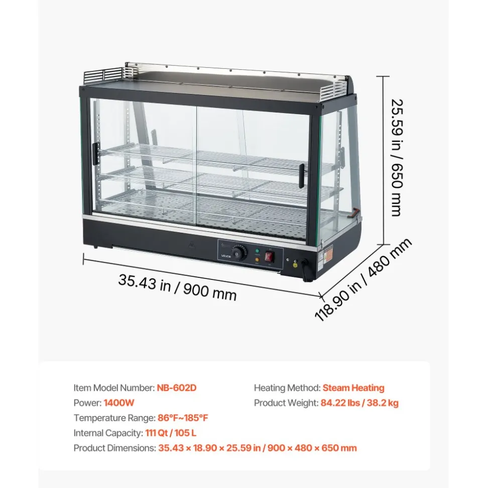 VEVOR 3-Tier Commercial Food Warmer Display, 1400W Food Display Warmer with LED Light, Top Storage and Adjustable Shelves, 86℉~185℉ Steam Heating, 137Qt/130L for Hamburger, Pizza, Bread, Fried Chicken