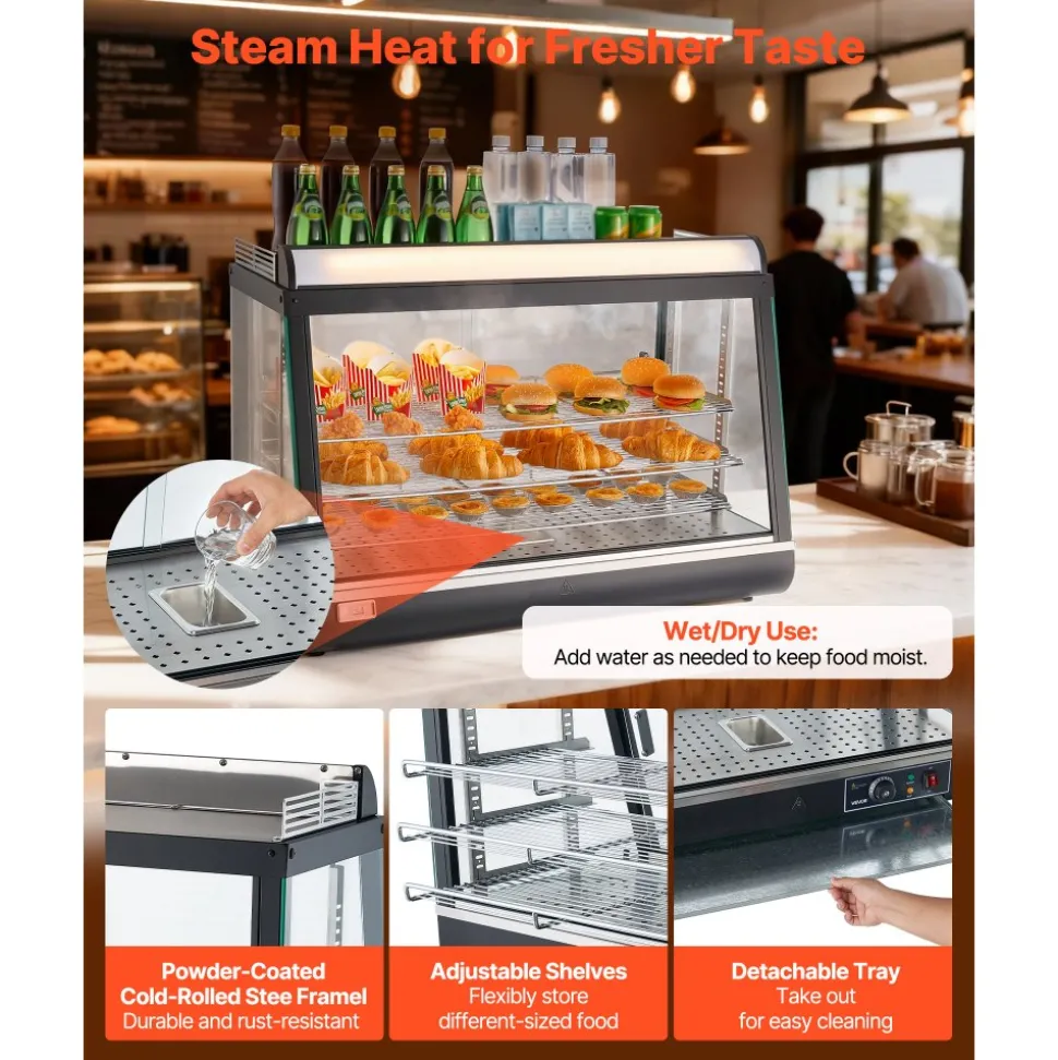 VEVOR 3-Tier Commercial Food Warmer Display, 1400W Food Display Warmer with LED Light, Top Storage and Adjustable Shelves, 86℉~185℉ Steam Heating, 137Qt/130L for Hamburger, Pizza, Bread, Fried Chicken