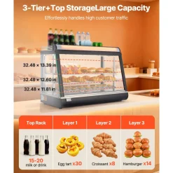 VEVOR 3-Tier Commercial Food Warmer Display, 1400W Food Display Warmer with LED Light, Top Storage and Adjustable Shelves, 86℉~185℉ Steam Heating, 137Qt/130L for Hamburger, Pizza, Bread, Fried Chicken