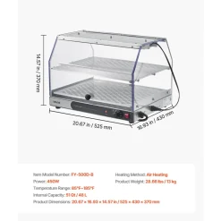 VEVOR 2-Tier Commercial Food Warmer Display, 450W Food Display Warmer with Light, Detachable Shelves and Double-Sided Door Design, 85℉~185℉ Air Heating, 48L for Hamburger, Pizza, Bread, Fried Chicken