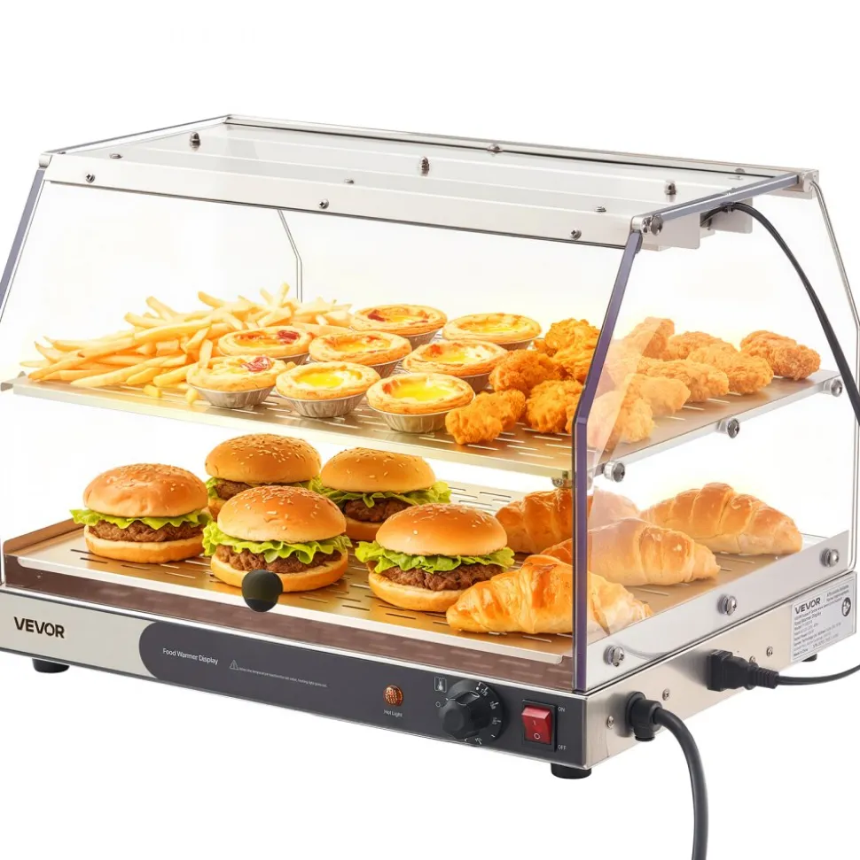 VEVOR 2-Tier Commercial Food Warmer Display, 450W Food Display Warmer with Light, Detachable Shelves and Double-Sided Door Design, 85℉~185℉ Air Heating, 48L for Hamburger, Pizza, Bread, Fried Chicken