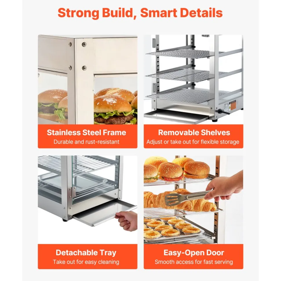 VEVOR 3-Tier Commercial Food Warmer Display, 800W Food Display Warmer with LED Light, Adjustable Shelf and Stainless Steel Frame, 86℉~185℉ Air Heating, 34L for Hamburger, Pizza, Bread, Fried Chicken
