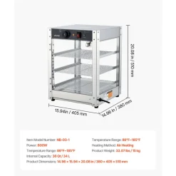 VEVOR 3-Tier Commercial Food Warmer Display, 800W Food Display Warmer with LED Light, Adjustable Shelf and Stainless Steel Frame, 86℉~185℉ Air Heating, 34L for Hamburger, Pizza, Bread, Fried Chicken