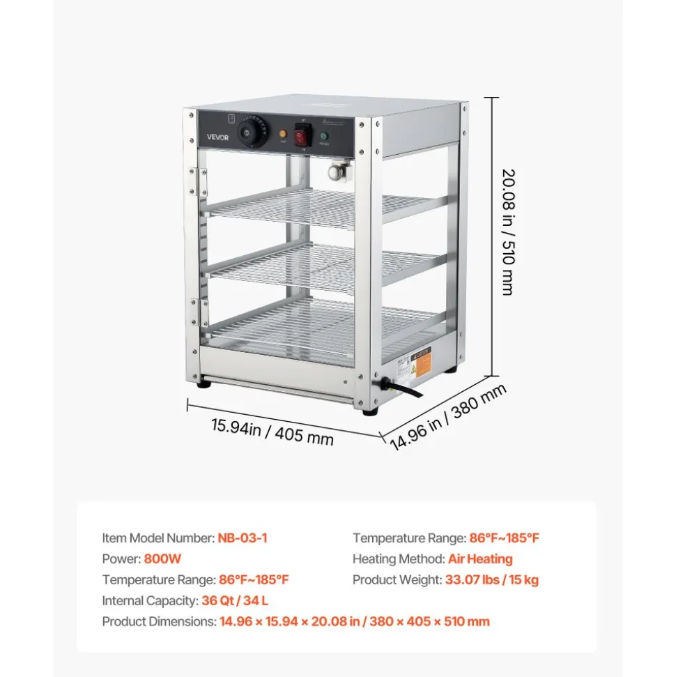 VEVOR 3-Tier Commercial Food Warmer Display, 800W Food Display Warmer with LED Light, Adjustable Shelf and Stainless Steel Frame, 86℉~185℉ Air Heating, 34L for Hamburger, Pizza, Bread, Fried Chicken