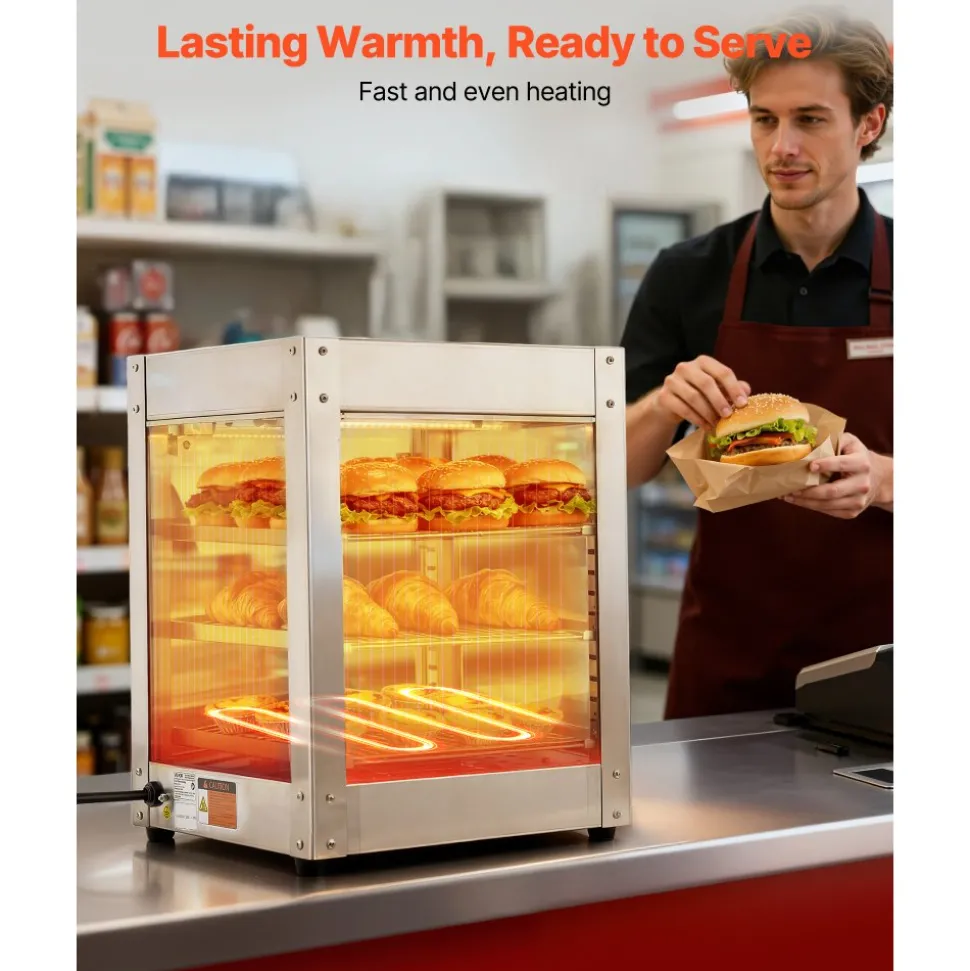 VEVOR 3-Tier Commercial Food Warmer Display, 800W Food Display Warmer with LED Light, Adjustable Shelf and Stainless Steel Frame, 86℉~185℉ Air Heating, 34L for Hamburger, Pizza, Bread, Fried Chicken