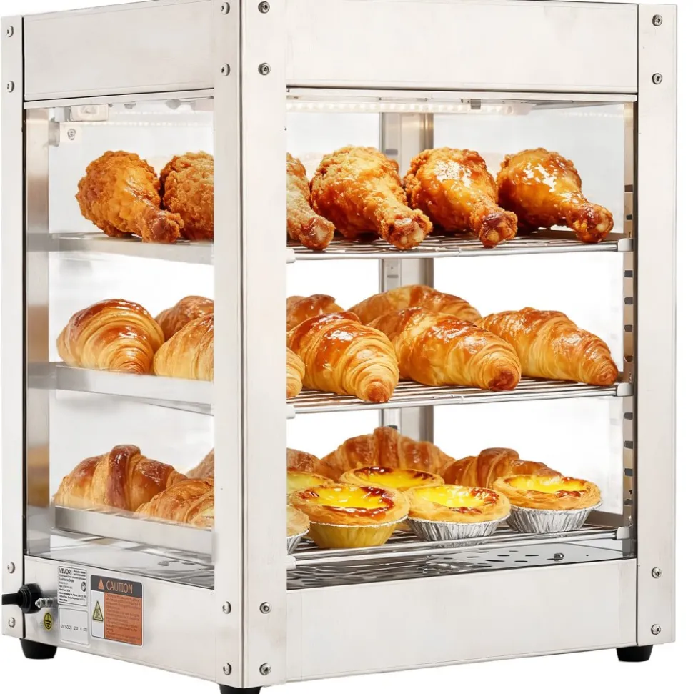 VEVOR 3-Tier Commercial Food Warmer Display, 800W Food Display Warmer with LED Light, Adjustable Shelf and Stainless Steel Frame, 86℉~185℉ Air Heating, 34L for Hamburger, Pizza, Bread, Fried Chicken