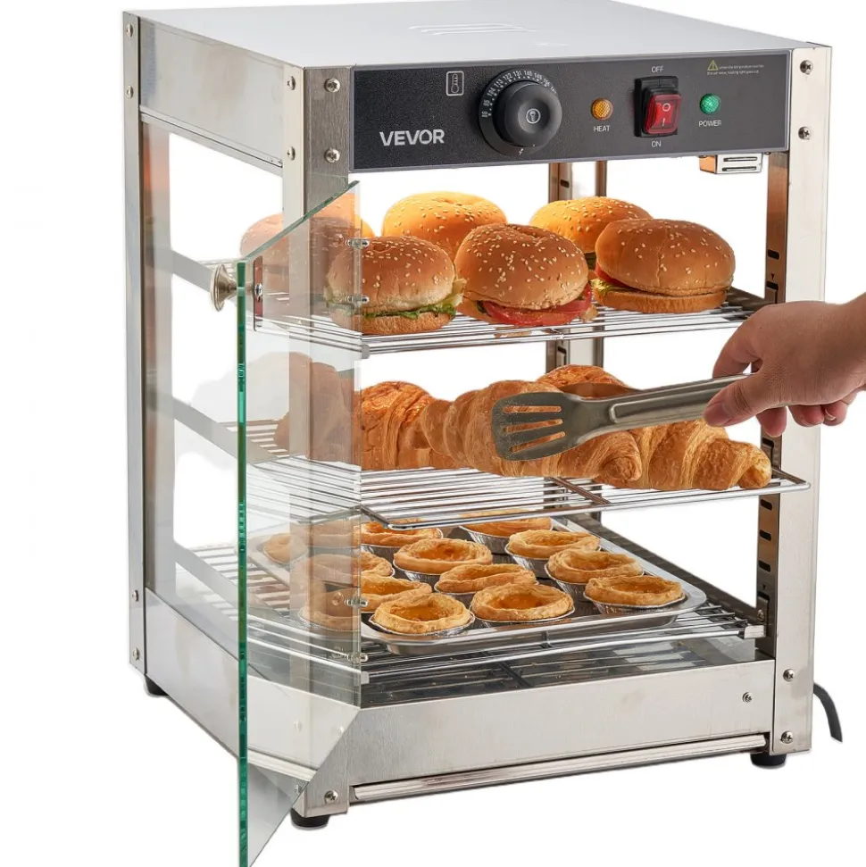 VEVOR 3-Tier Commercial Food Warmer Display, 800W Food Display Warmer with LED Light, Adjustable Shelf and Stainless Steel Frame, 86℉~185℉ Air Heating, 34L for Hamburger, Pizza, Bread, Fried Chicken