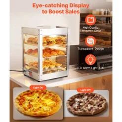 VEVOR 3-Tier Commercial Food Warmer Display, 800W Food Display Warmer with LED Light, Adjustable Shelf and Stainless Steel Frame, 86℉~185℉ Air Heating, 34L for Hamburger, Pizza, Bread, Fried Chicken