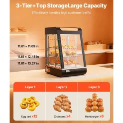 VEVOR 3-Tier Commercial Food Warmer Display, 800W Food Display Warmer with LED Light, Adjustable Shelf and Stainless Steel Frame, 86℉~185℉ Air Heating, 60L for Hamburger, Pizza, Bread, Fried Chicken