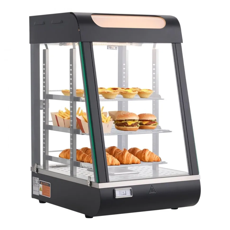 VEVOR 3-Tier Commercial Food Warmer Display, 800W Food Display Warmer with LED Light, Adjustable Shelf and Stainless Steel Frame, 86℉~185℉ Air Heating, 60L for Hamburger, Pizza, Bread, Fried Chicken