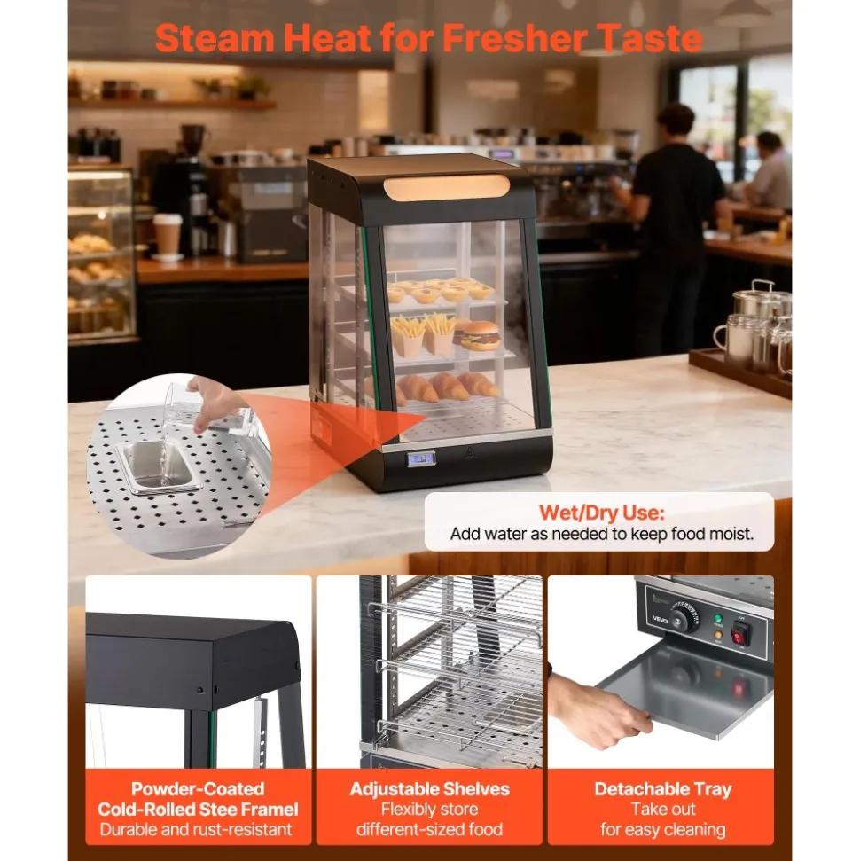 VEVOR 3-Tier Commercial Food Warmer Display, 800W Food Display Warmer with LED Light, Adjustable Shelf and Stainless Steel Frame, 86℉~185℉ Air Heating, 60L for Hamburger, Pizza, Bread, Fried Chicken