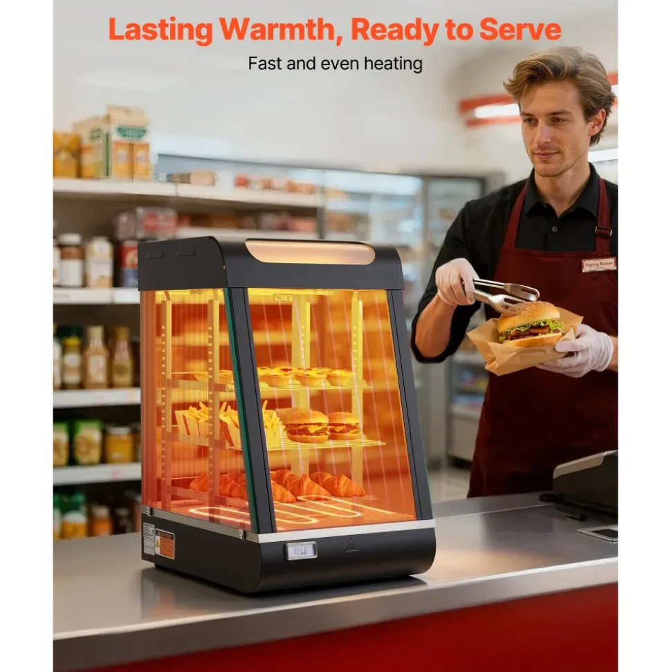 VEVOR 3-Tier Commercial Food Warmer Display, 800W Food Display Warmer with LED Light, Adjustable Shelf and Stainless Steel Frame, 86℉~185℉ Air Heating, 60L for Hamburger, Pizza, Bread, Fried Chicken