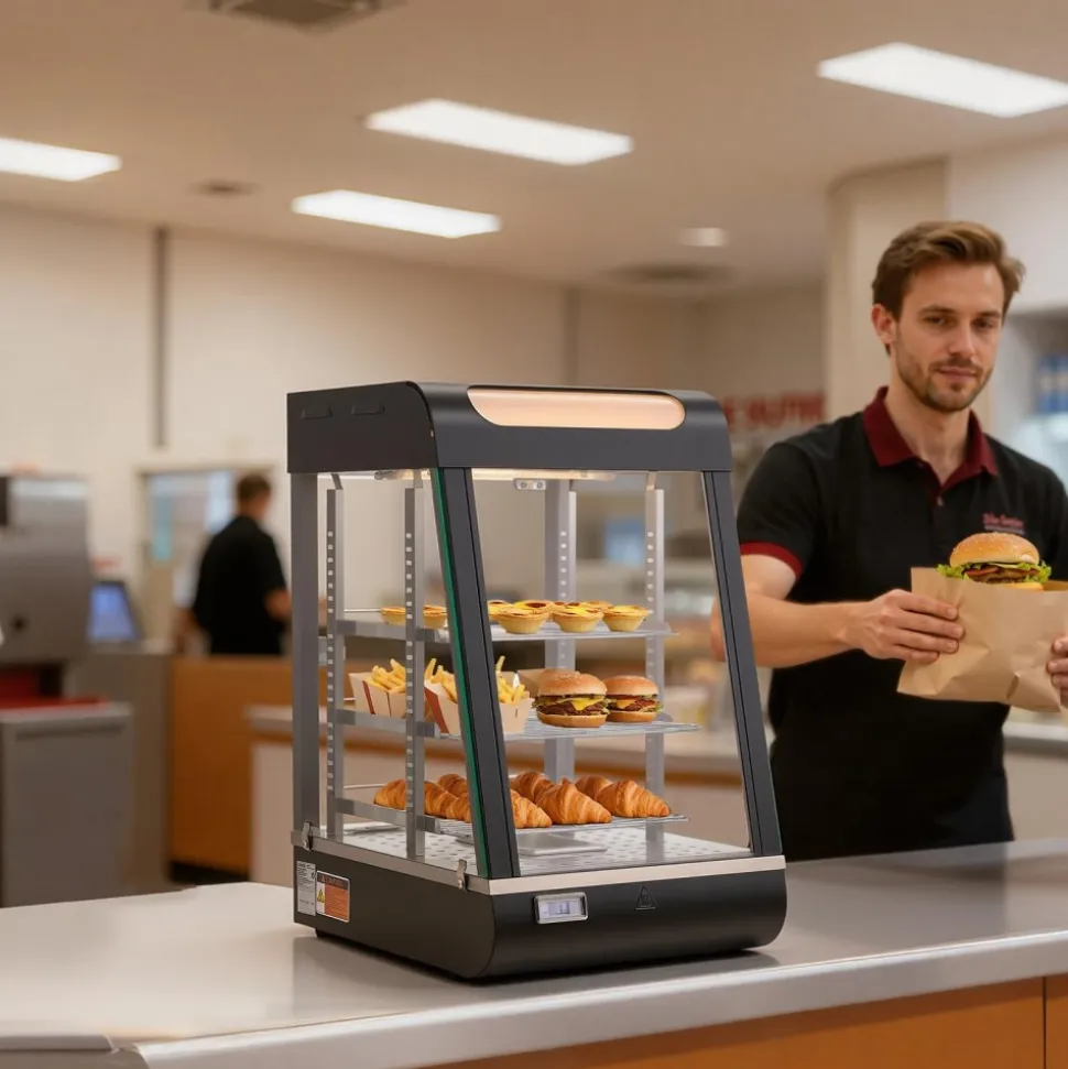 VEVOR 3-Tier Commercial Food Warmer Display, 800W Food Display Warmer with LED Light, Adjustable Shelf and Stainless Steel Frame, 86℉~185℉ Air Heating, 60L for Hamburger, Pizza, Bread, Fried Chicken