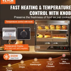 VEVOR 2-Tier Commercial Food Warmer Display, 850W Food Display Warmer w/ Tempered Glass and Steam Heating, 86℉~185℉ Temperature Control, 111L Large Capacity for Hamburger, Pizza, Bread, Fried Chicken
