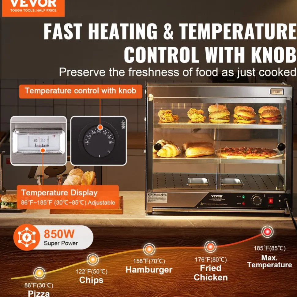 VEVOR 2-Tier Commercial Food Warmer Display, 850W Food Display Warmer w/ Tempered Glass and Steam Heating, 86℉~185℉ Temperature Control, 111L Large Capacity for Hamburger, Pizza, Bread, Fried Chicken