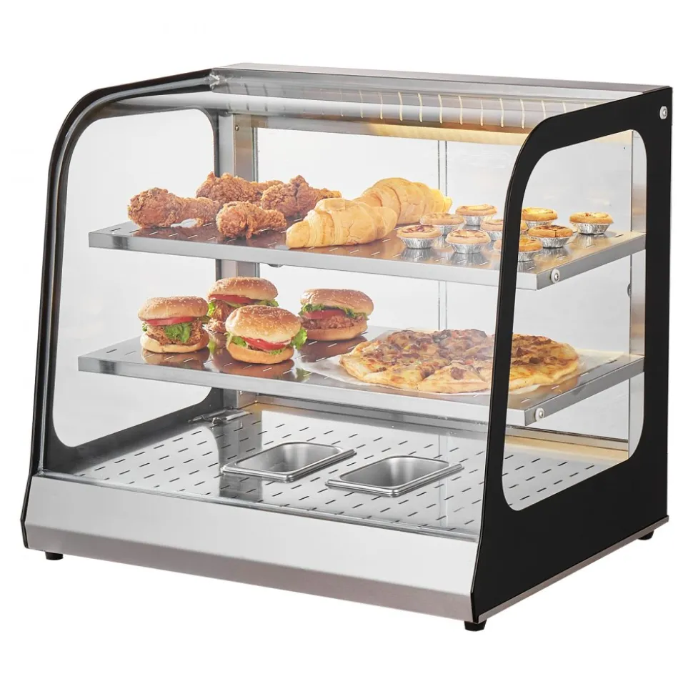 VEVOR 2-Tier Commercial Food Warmer Display, 850W Food Display Warmer w/ Tempered Glass and Steam Heating, 86℉~185℉ Temperature Control, 111L Large Capacity for Hamburger, Pizza, Bread, Fried Chicken