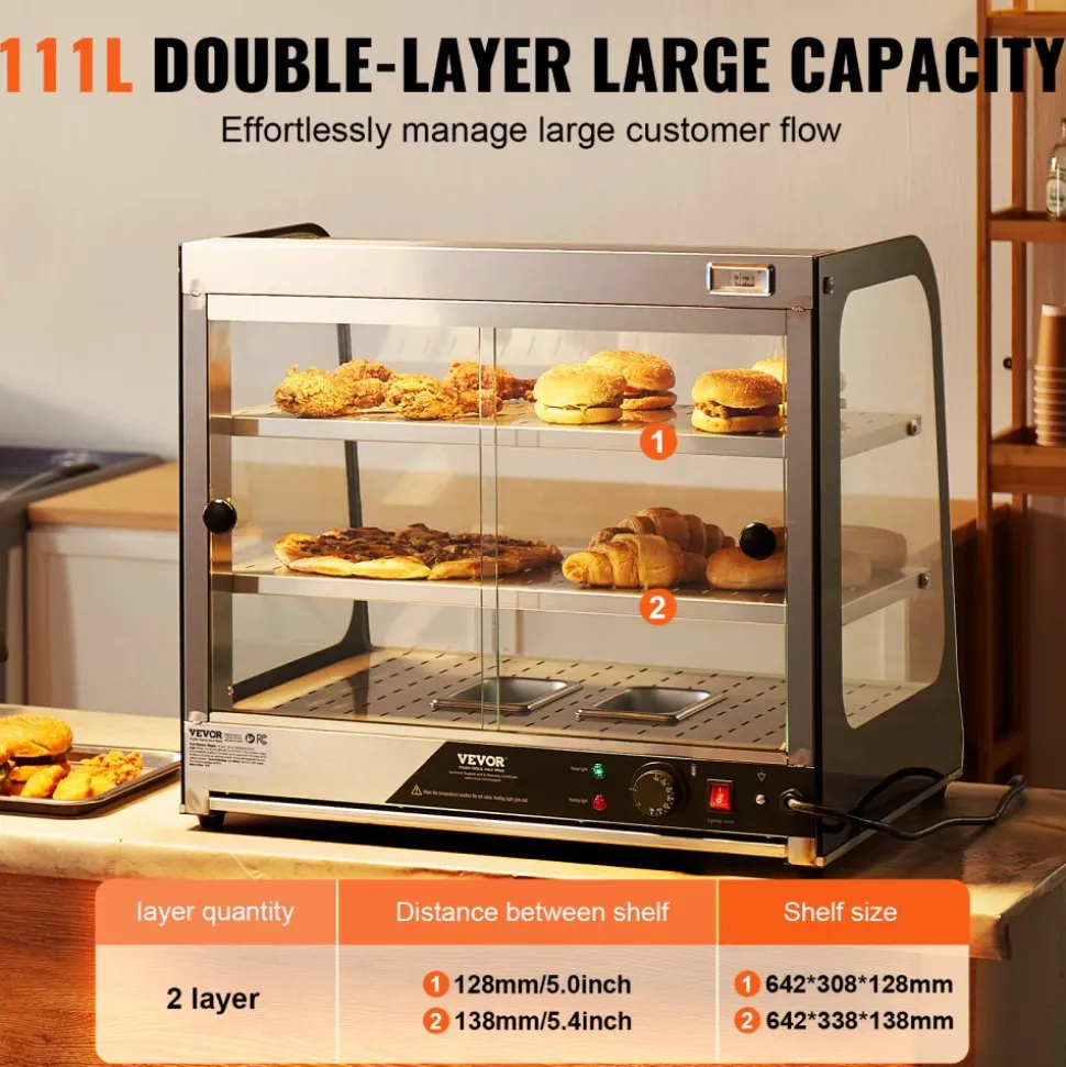VEVOR 2-Tier Commercial Food Warmer Display, 850W Food Display Warmer w/ Tempered Glass and Steam Heating, 86℉~185℉ Temperature Control, 111L Large Capacity for Hamburger, Pizza, Bread, Fried Chicken